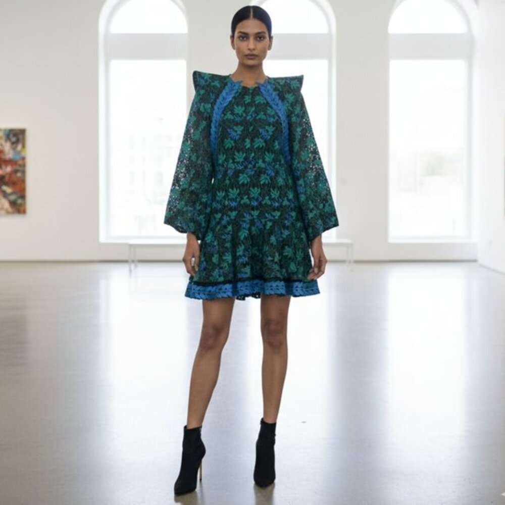 Bibhu Mohapatra purple label Floral Leaf Applique Lace Dress Green/Blue Size 6